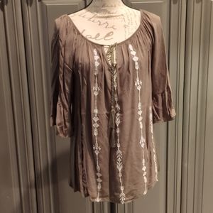 Green Light and Flowy Top with White Embroidery